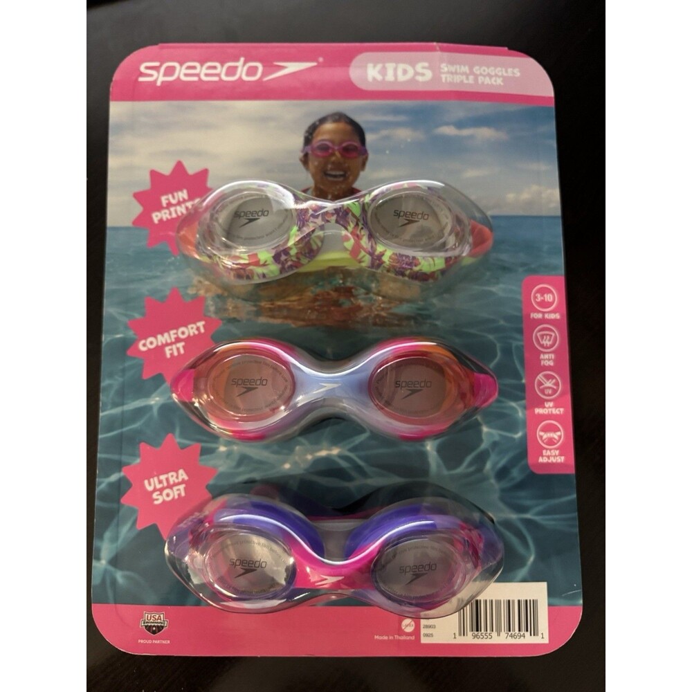 New Speedo Kids Swim Goggles Triple Pack 3 Pack Ages 3-10 Anti-Fog UV Protection